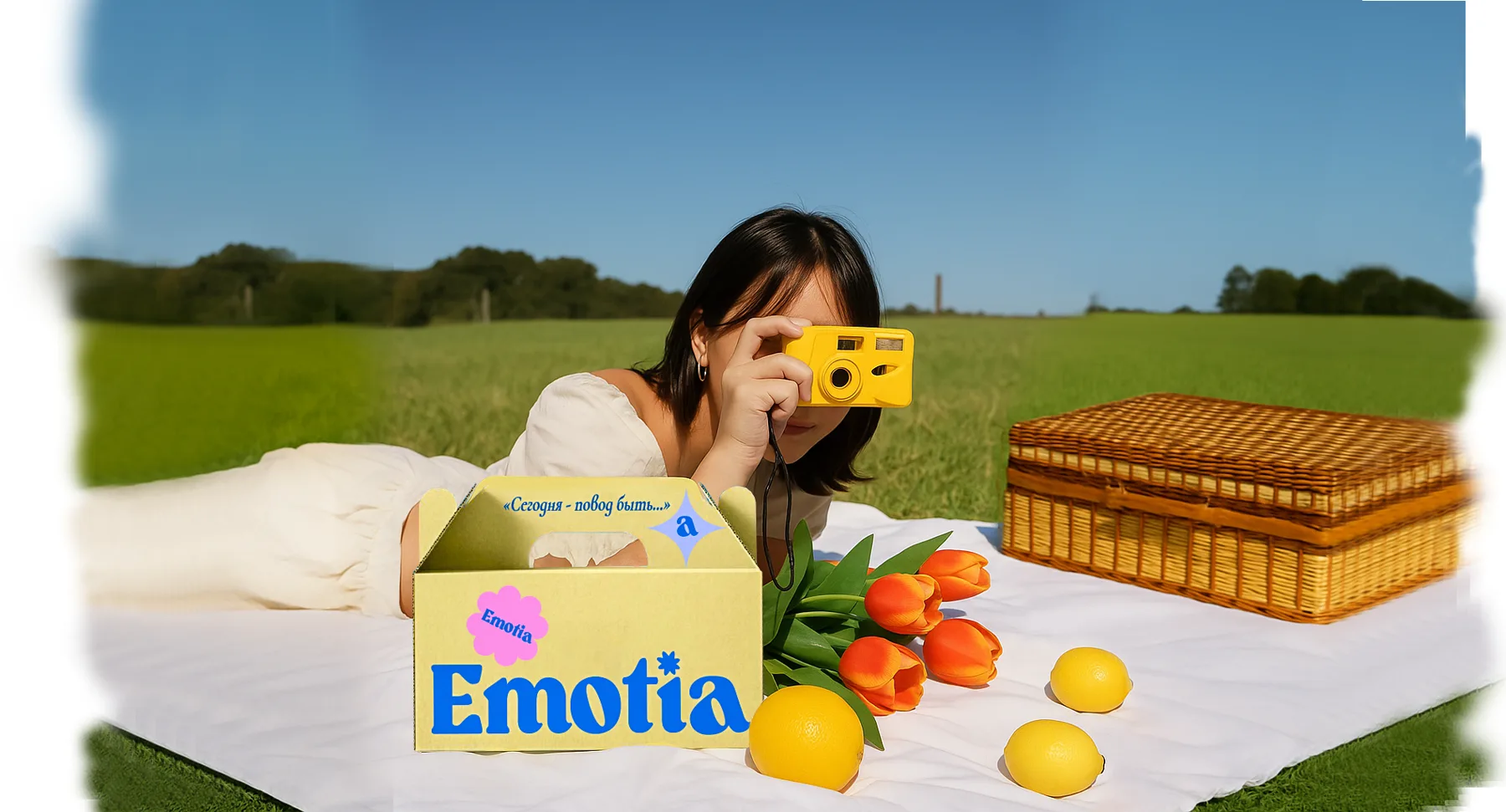 Пикник на пледе: коробка Emotia, тюльпаны и плёночная камера